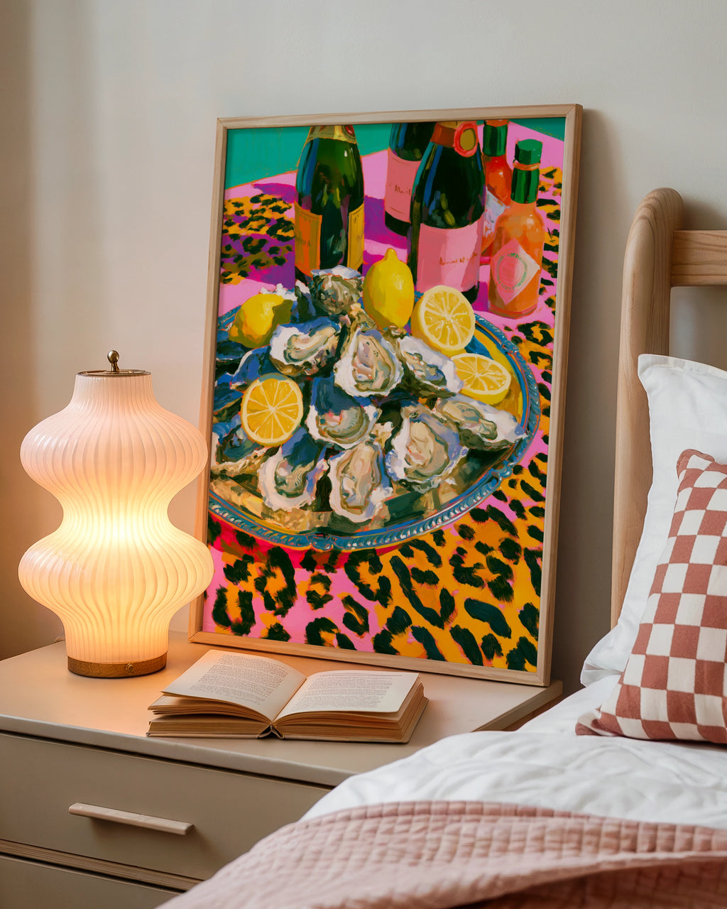Oysters & Champagne Poster, Leopard Print Still Life, Bold Maximalist Wall Art