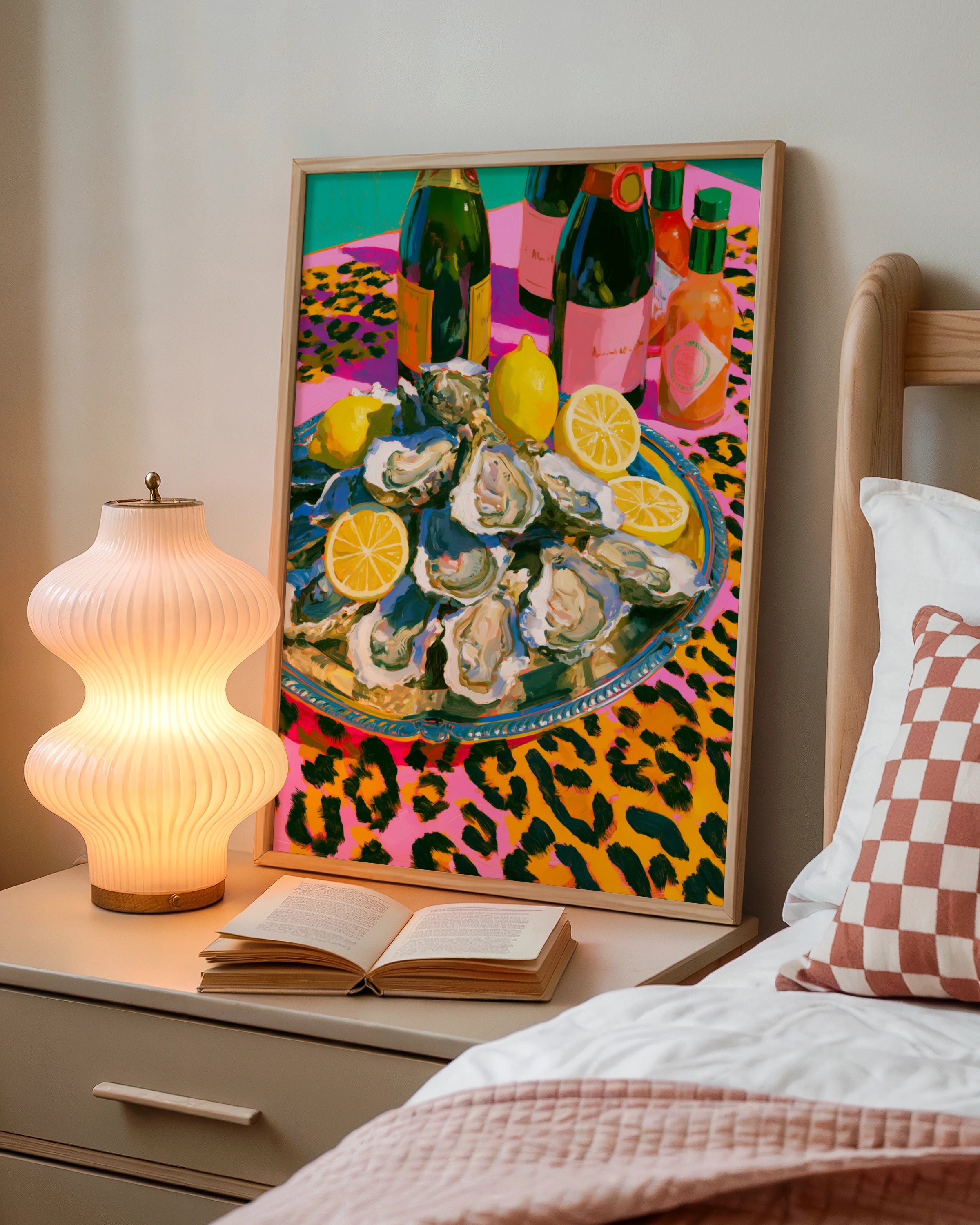 Oysters & Champagne Poster, Leopard Print Still Life, Bold Maximalist Wall Art