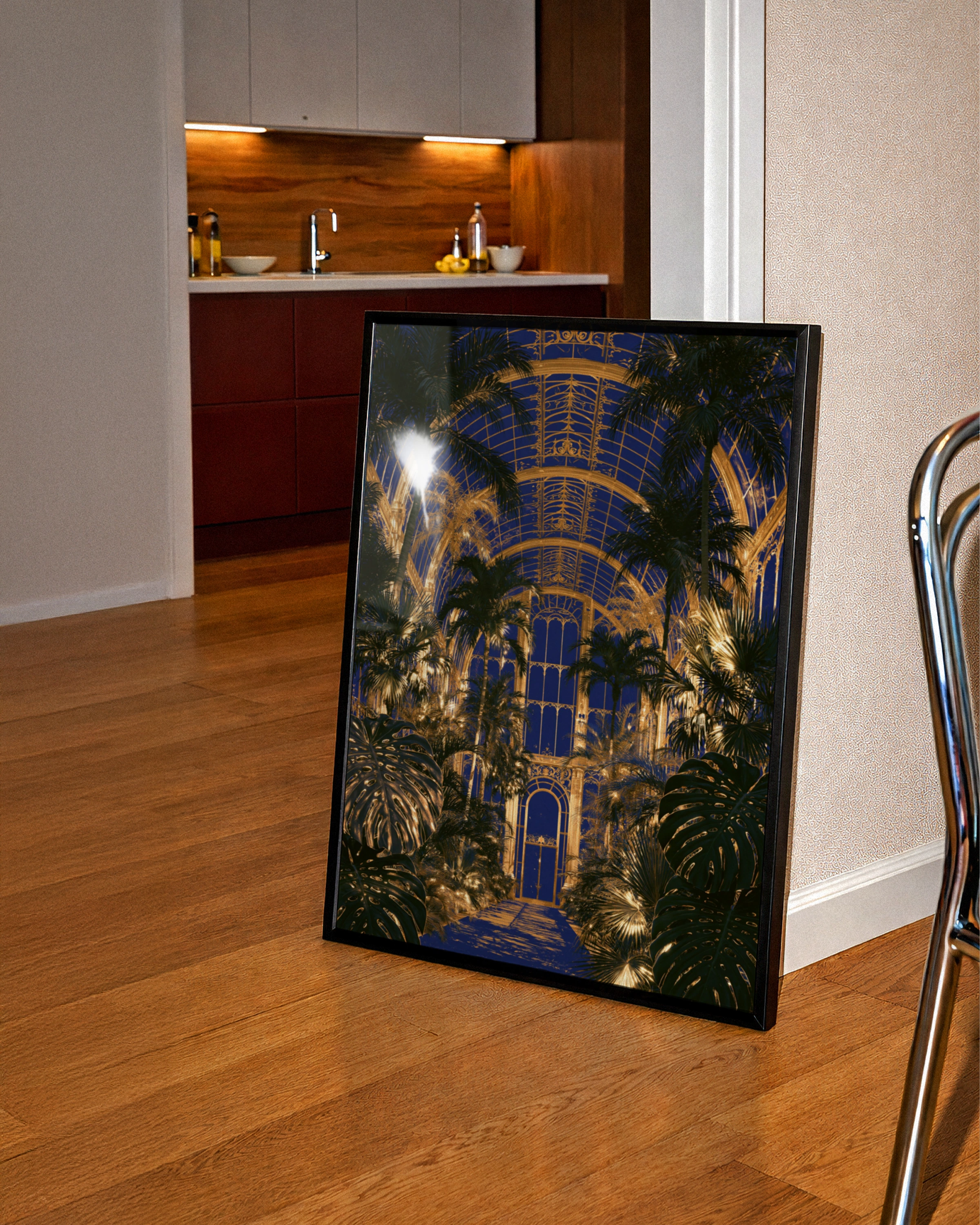 Glass House Botanical Interior Poster, Blue Gold Glasshouse Art Print