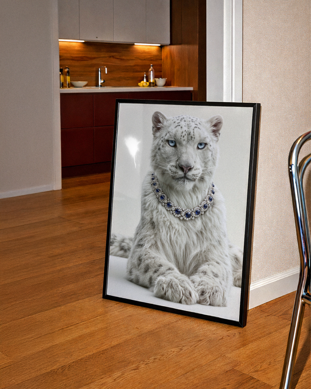 Snow Leopard Sapphire Necklace Wall Art Poster, Luxury Wildlife Print