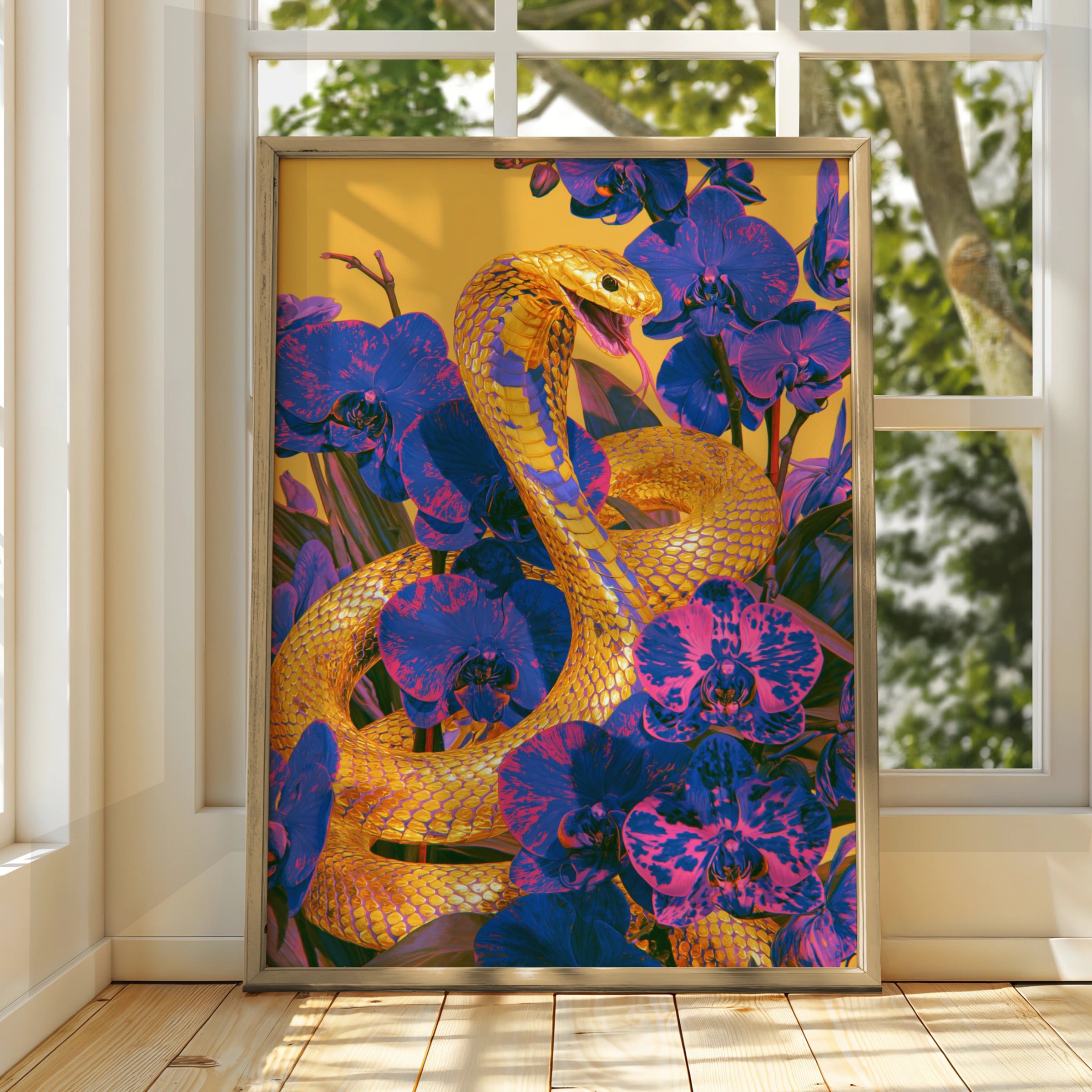 Gold Cobra Snake Orchid Flowers Poster, Bold Purple Yellow Wall Art Print