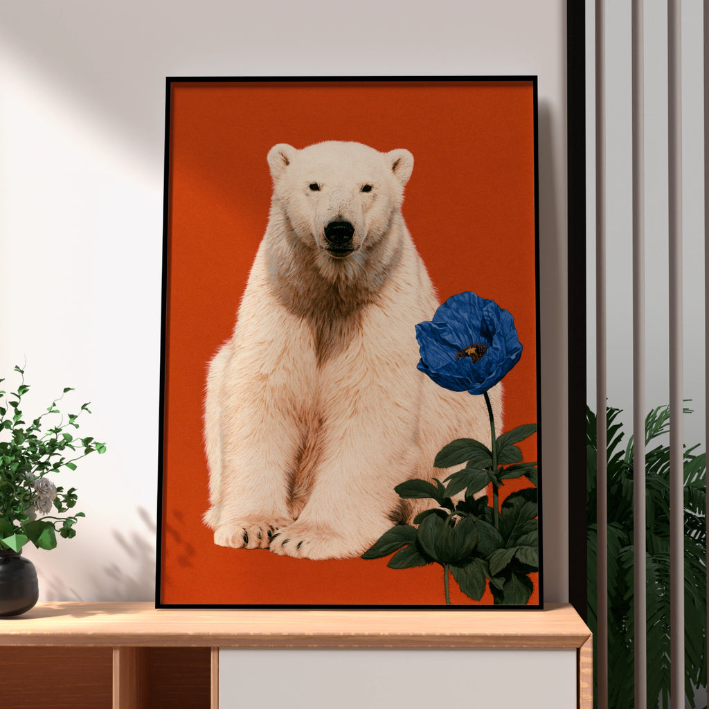 Polar Bear Blue Flower Poster, Bold Red Wildlife Wall Art Print