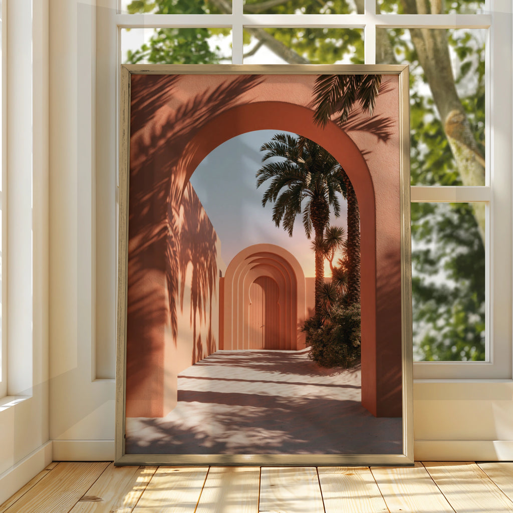 Terracotta Arch Wall Art Poster, Moroccan Architecture, Palm Tree Print