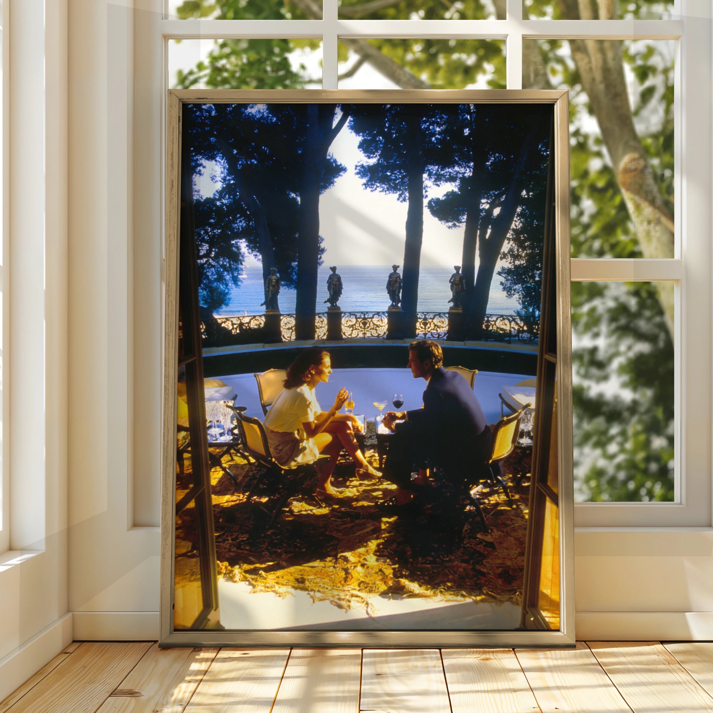 Couple Dining at Villa Terrace, Mediterranean Sea View Poster, Romantic Art