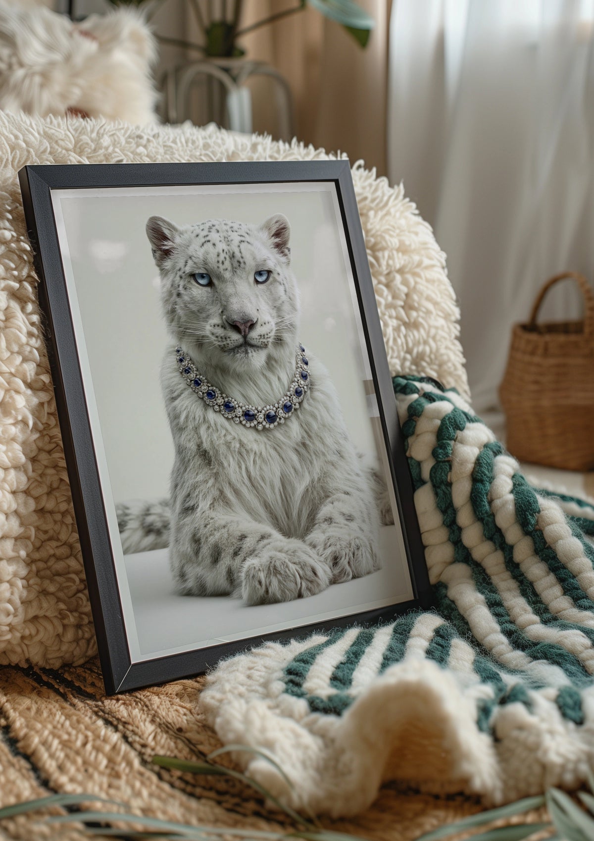 Snow Leopard Sapphire Necklace Wall Art Poster, Luxury Wildlife Print