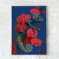 Chameleon Orchid Wall Art Poster, Red Floral Reptile, Botanical Animal Print