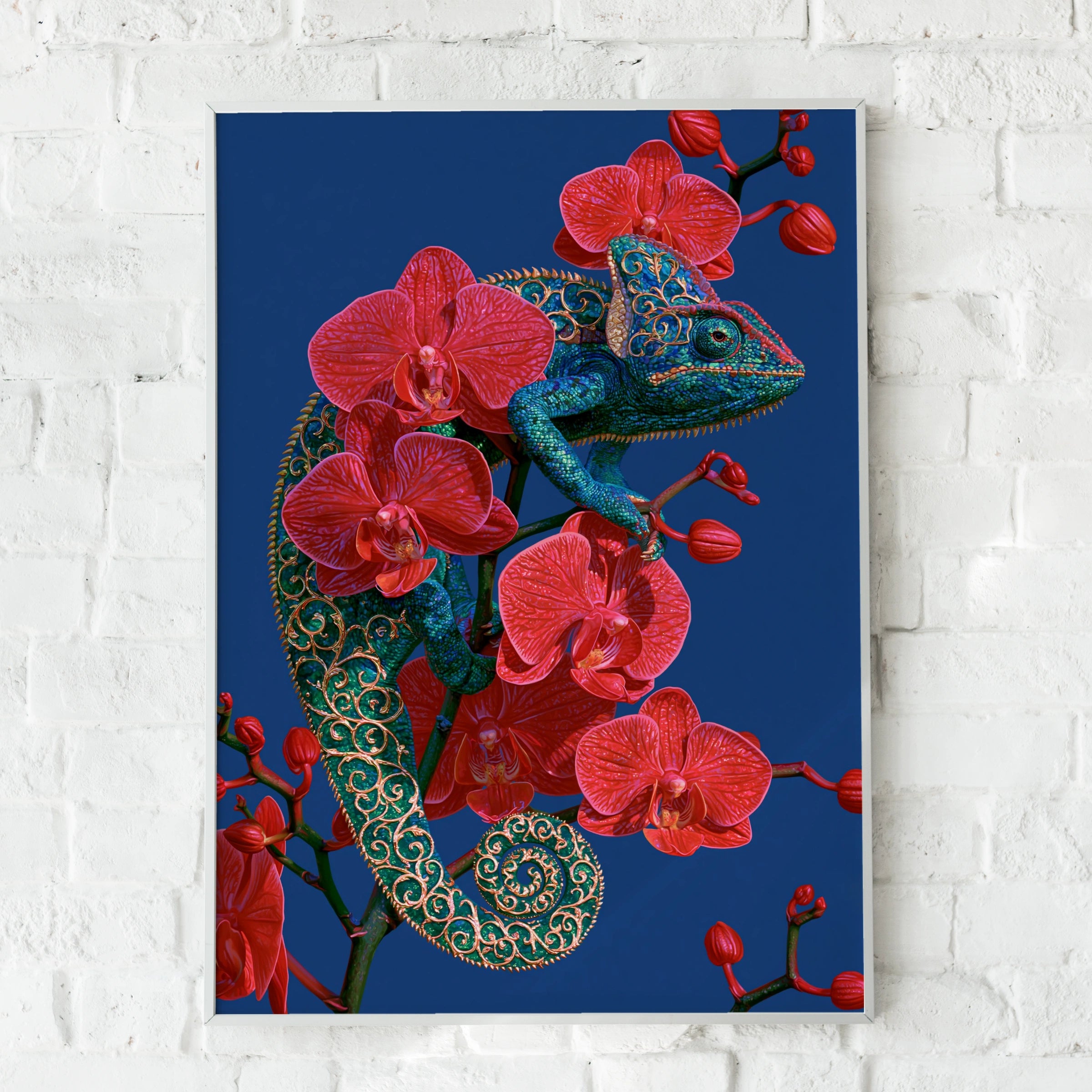 Chameleon Orchid Wall Art Poster, Red Floral Reptile, Botanical Animal Print