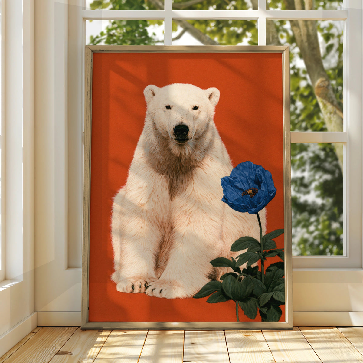 Polar Bear Blue Flower Poster, Bold Red Wildlife Wall Art Print