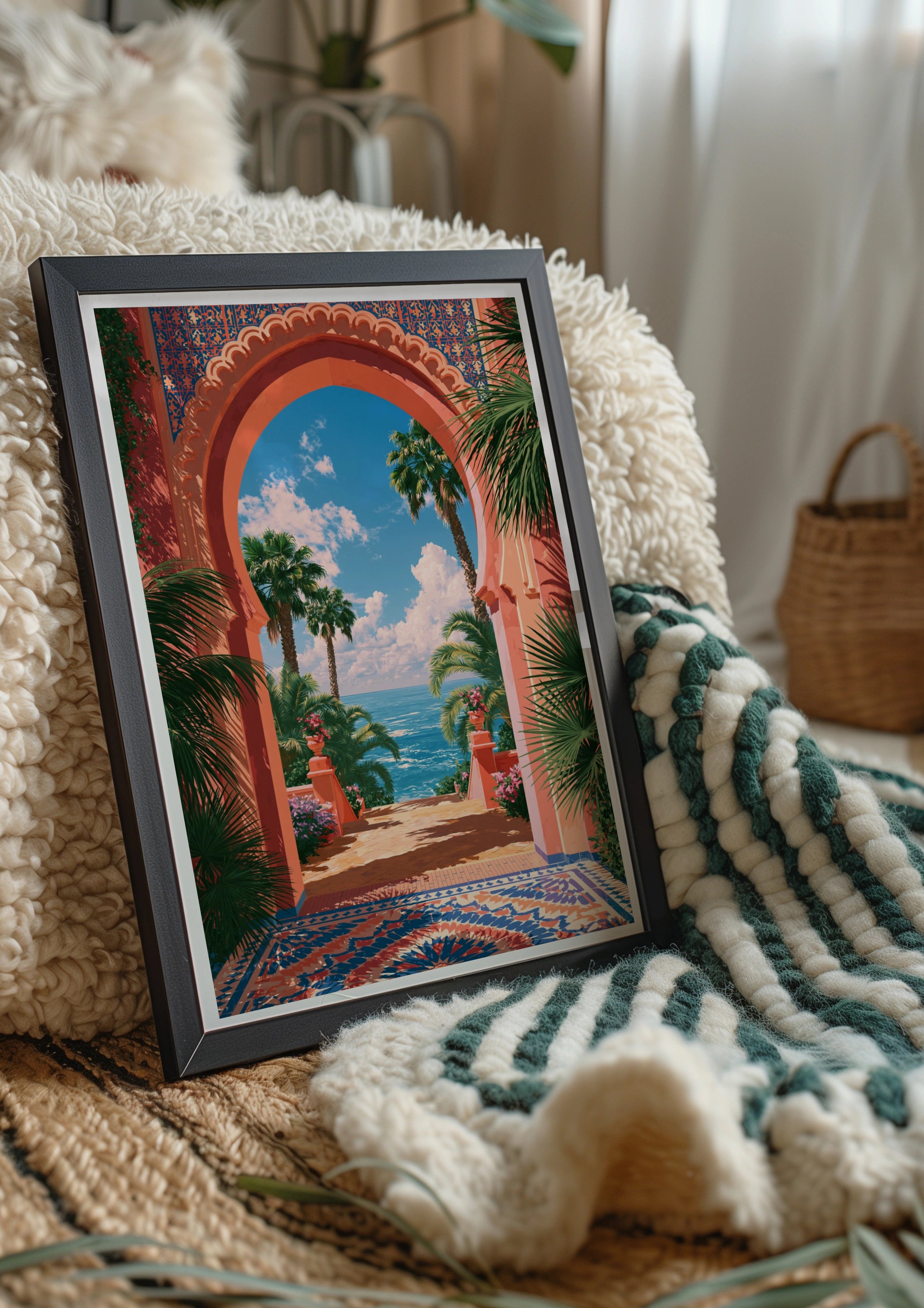 Moroccan Archway Palm Trees Sea View Wall Art Poster, Coastal Travel Print
