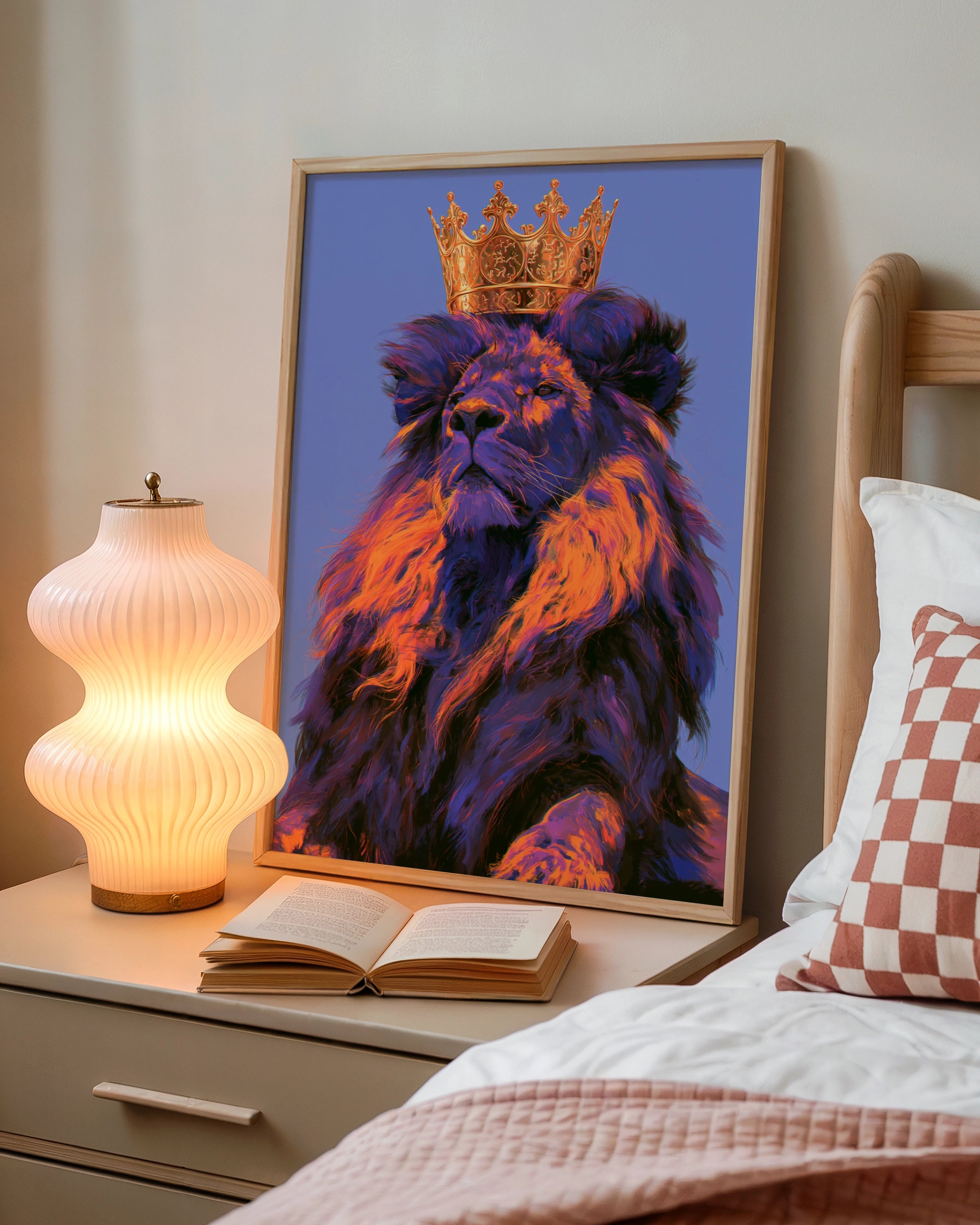 Lion Crown Purple Wall Art Poster, King of the Jungle, Bold Colourful Print