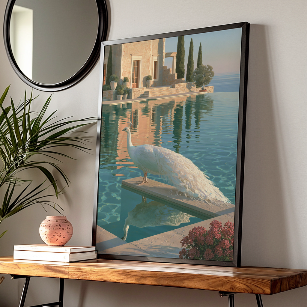 White Peacock by Infinity Pool, Mediterranean Villa Art Print, Realist Style
