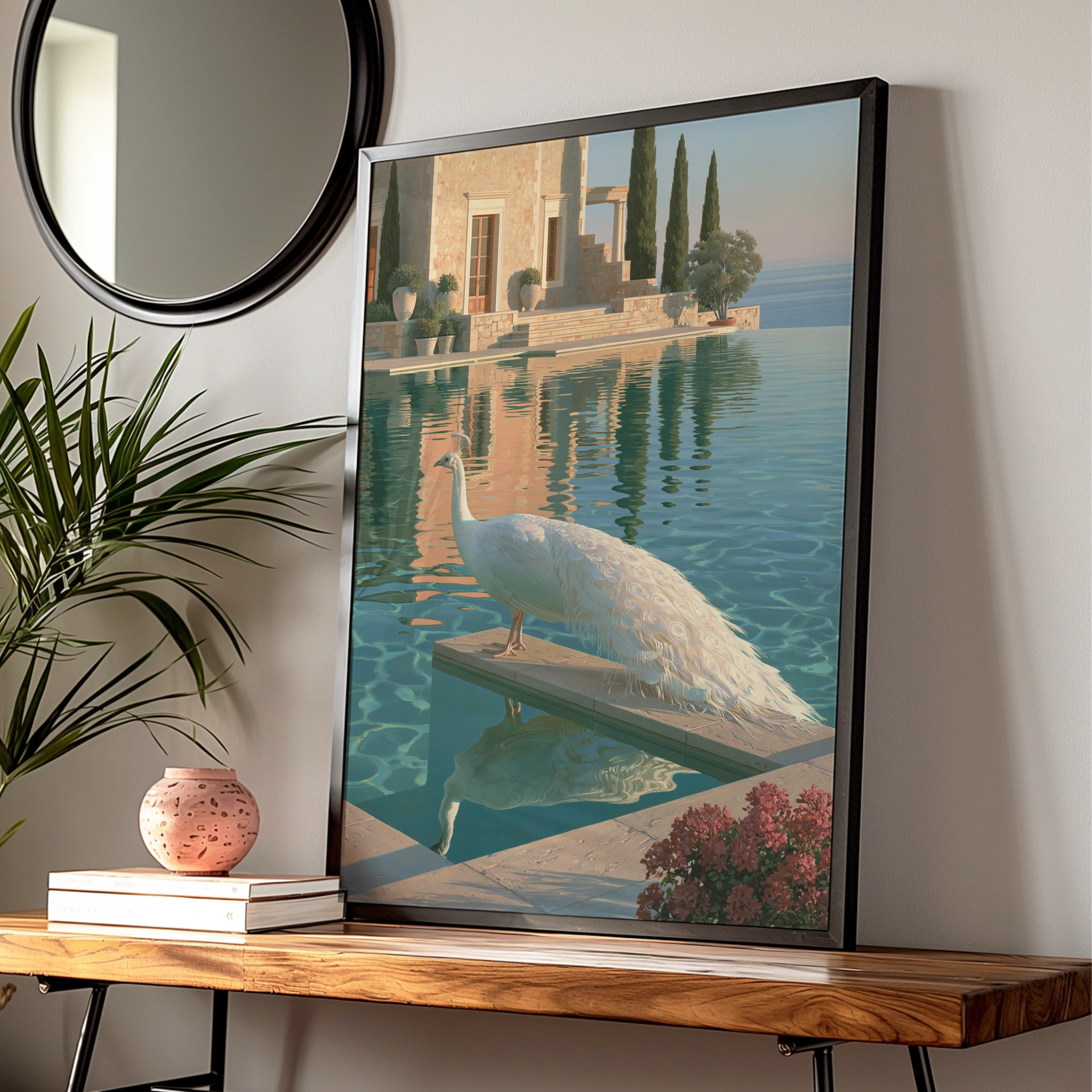 White Peacock by Infinity Pool, Mediterranean Villa Art Print, Realist Style
