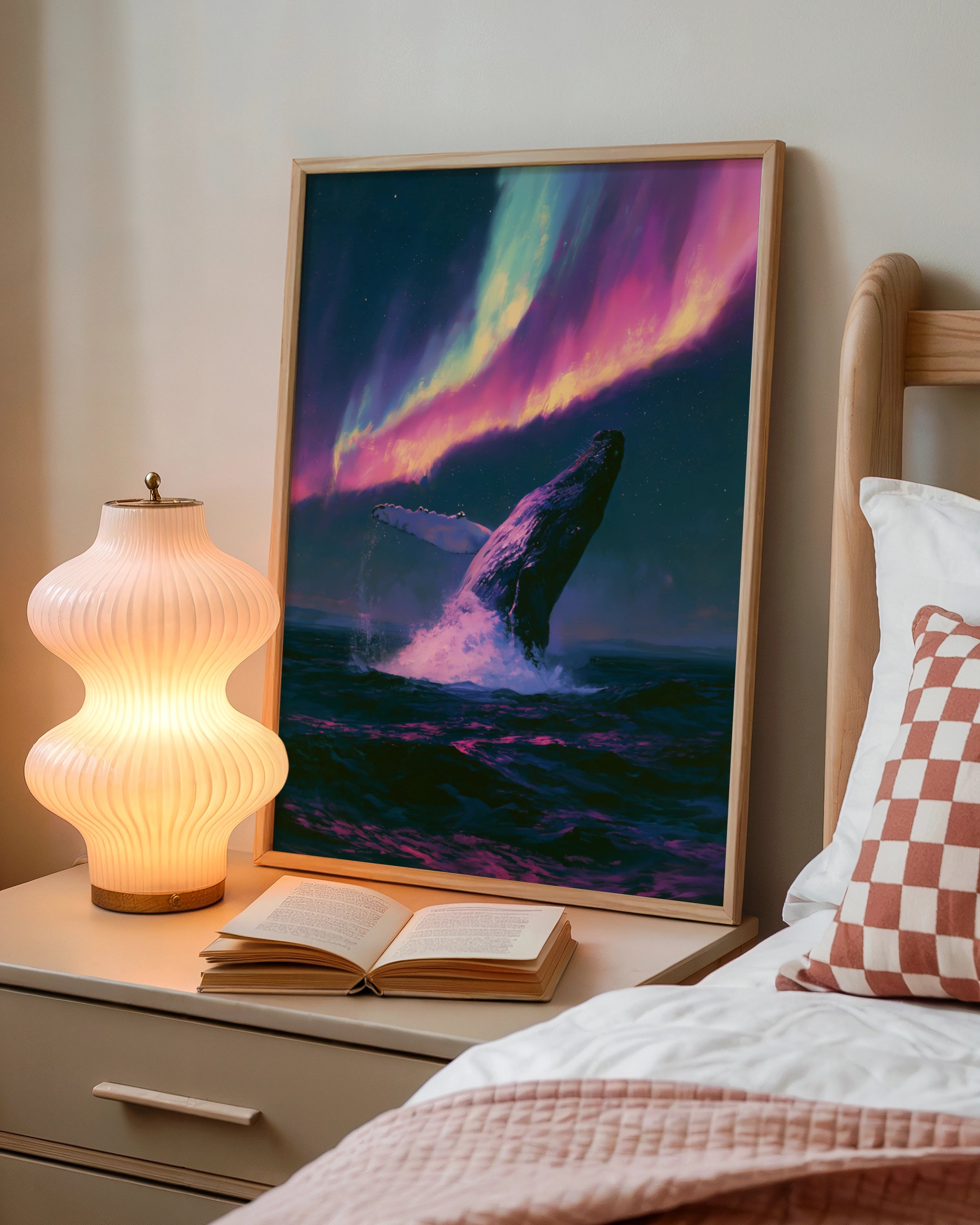 Whale Aurora Borealis Poster, Humpback Breaching Northern Lights Art Print