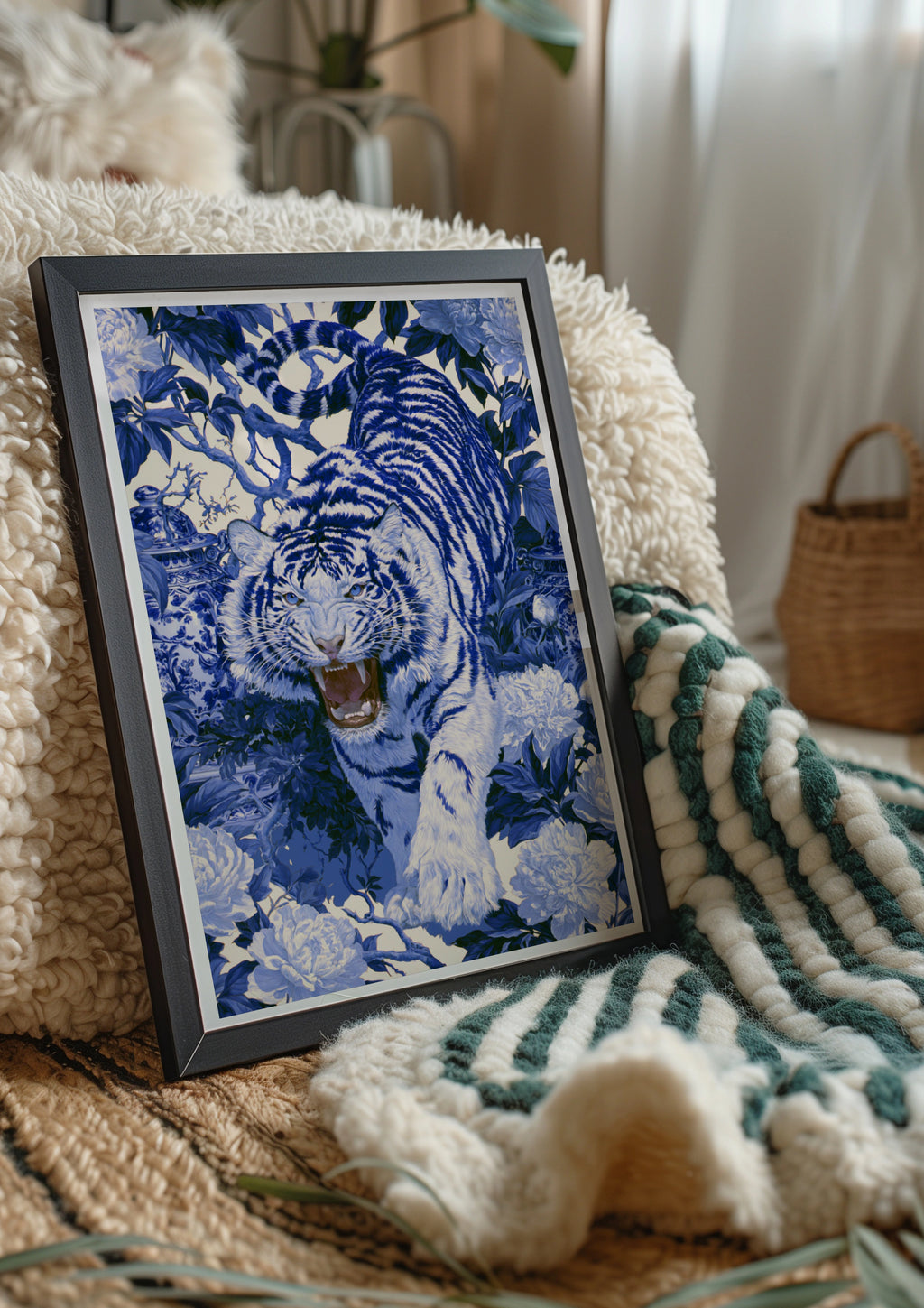 Roaring Tiger Chinoiserie Poster, Blue White Floral Wall Art Print