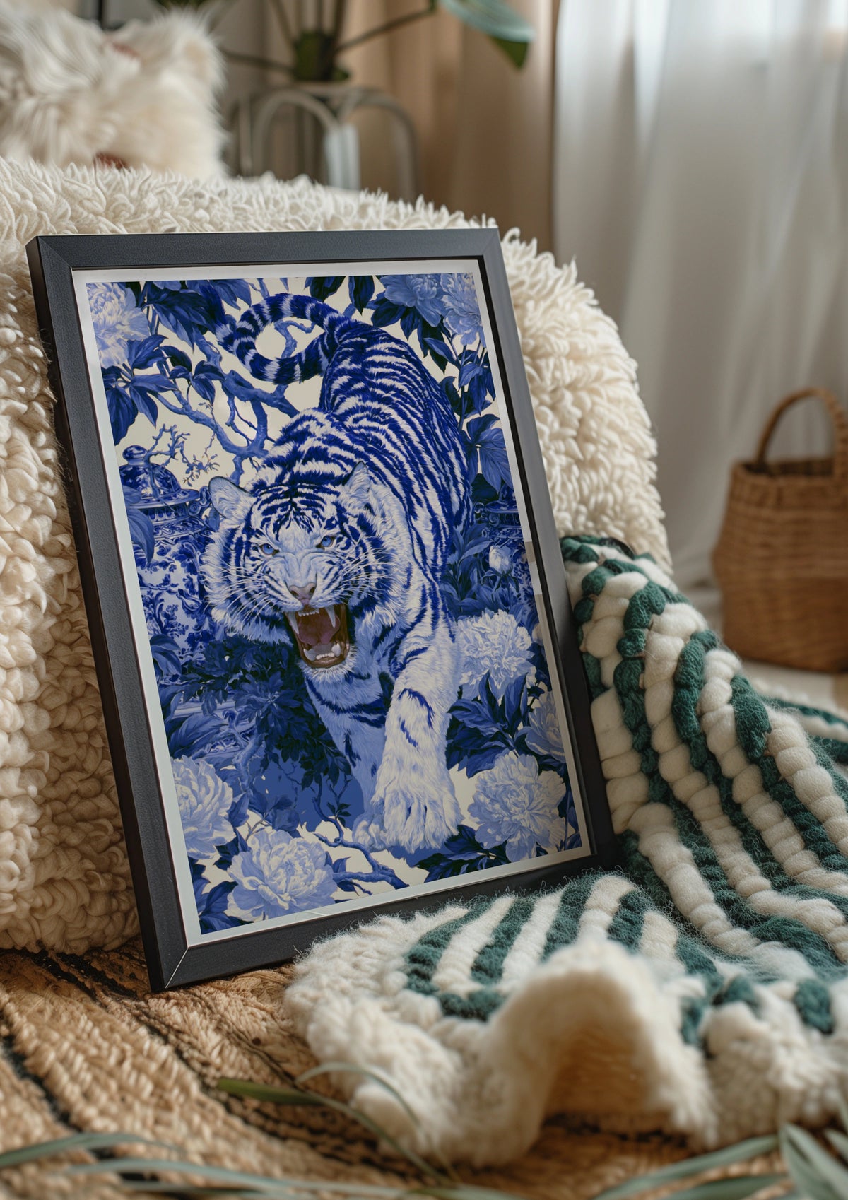 Roaring Tiger Chinoiserie Poster, Blue White Floral Wall Art Print