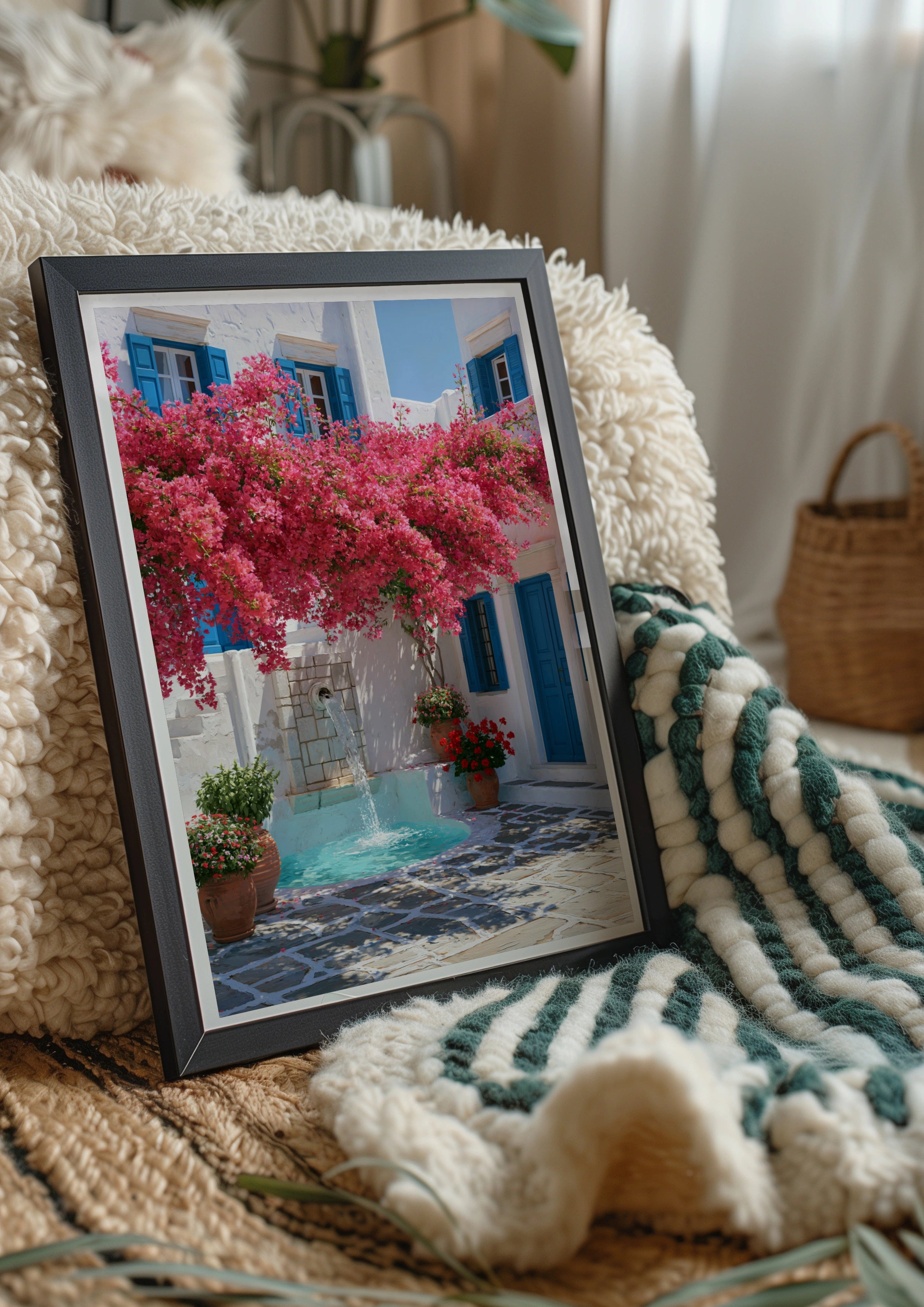 Greek Courtyard Fountain Bougainvillea Poster, Mediterranean Wall Art Print