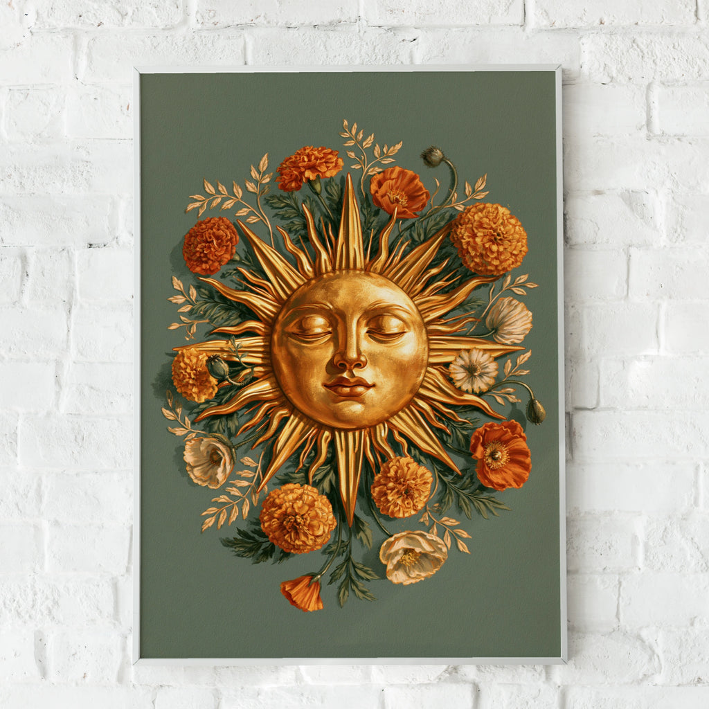 Golden Sun Face Floral Poster, Marigold Botanical Wall Art, Celestial Print