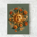 Golden Sun Face Floral Poster, Marigold Botanical Wall Art, Celestial Print
