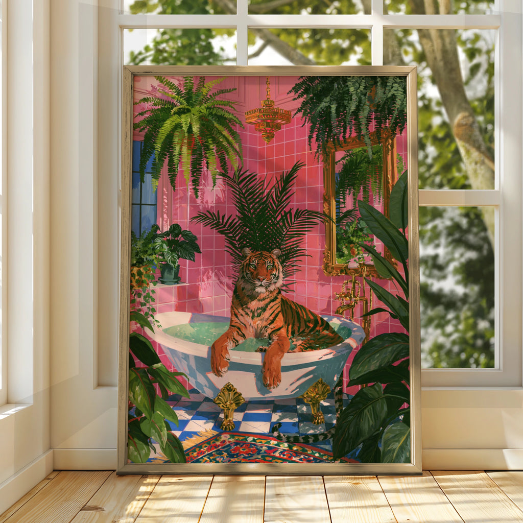 Tiger in Bath Pink Bathroom Poster, Tropical Plants Wall Art Print