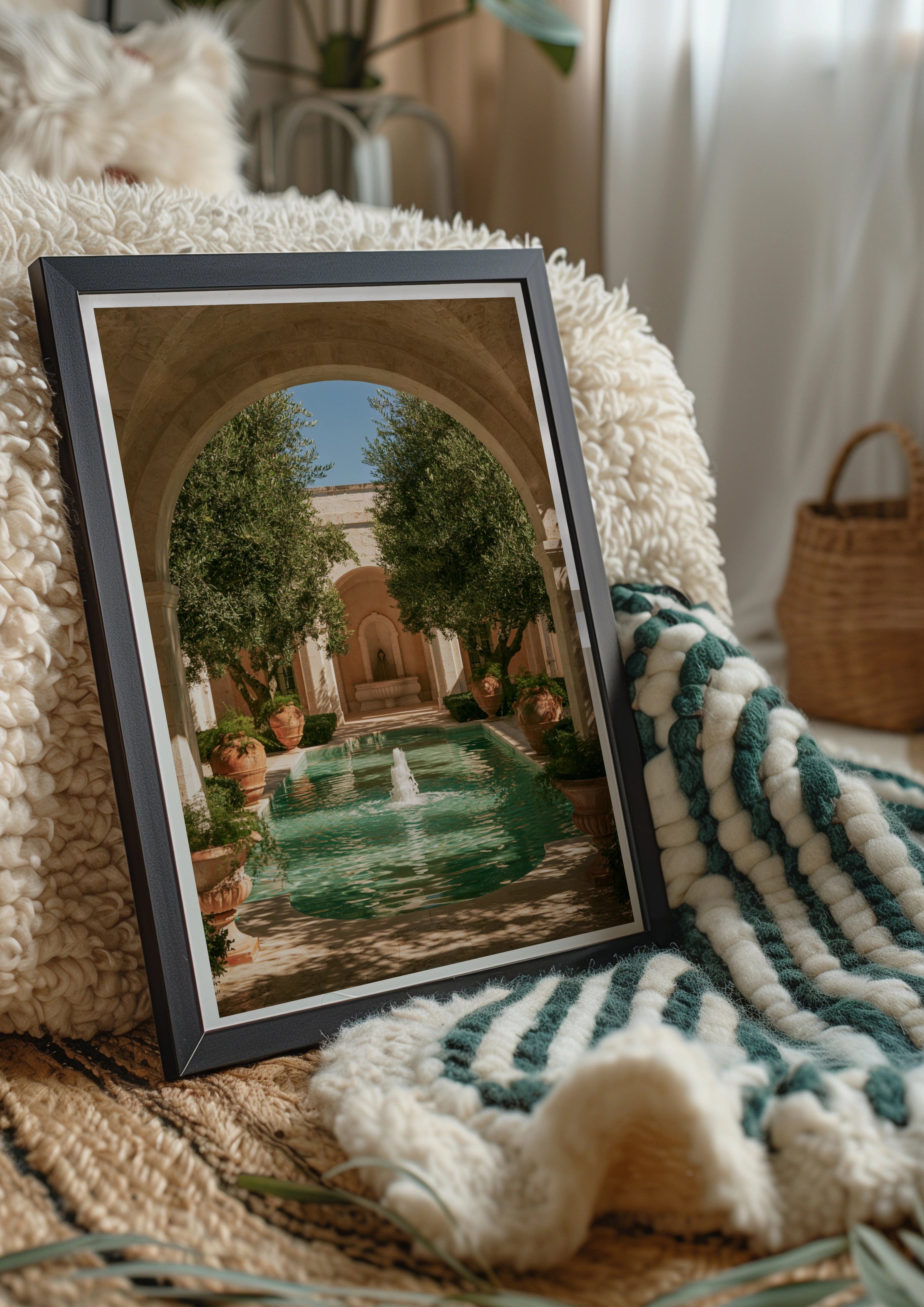 Italian Courtyard Olive Trees Poster, Stone Arch Fountain Wall Art Print