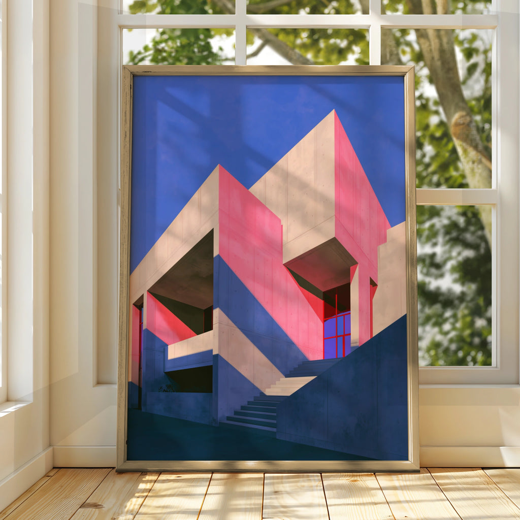 Brutalist Architecture Poster, Pink Purple Concrete Building, Bold Geometric Wall Art