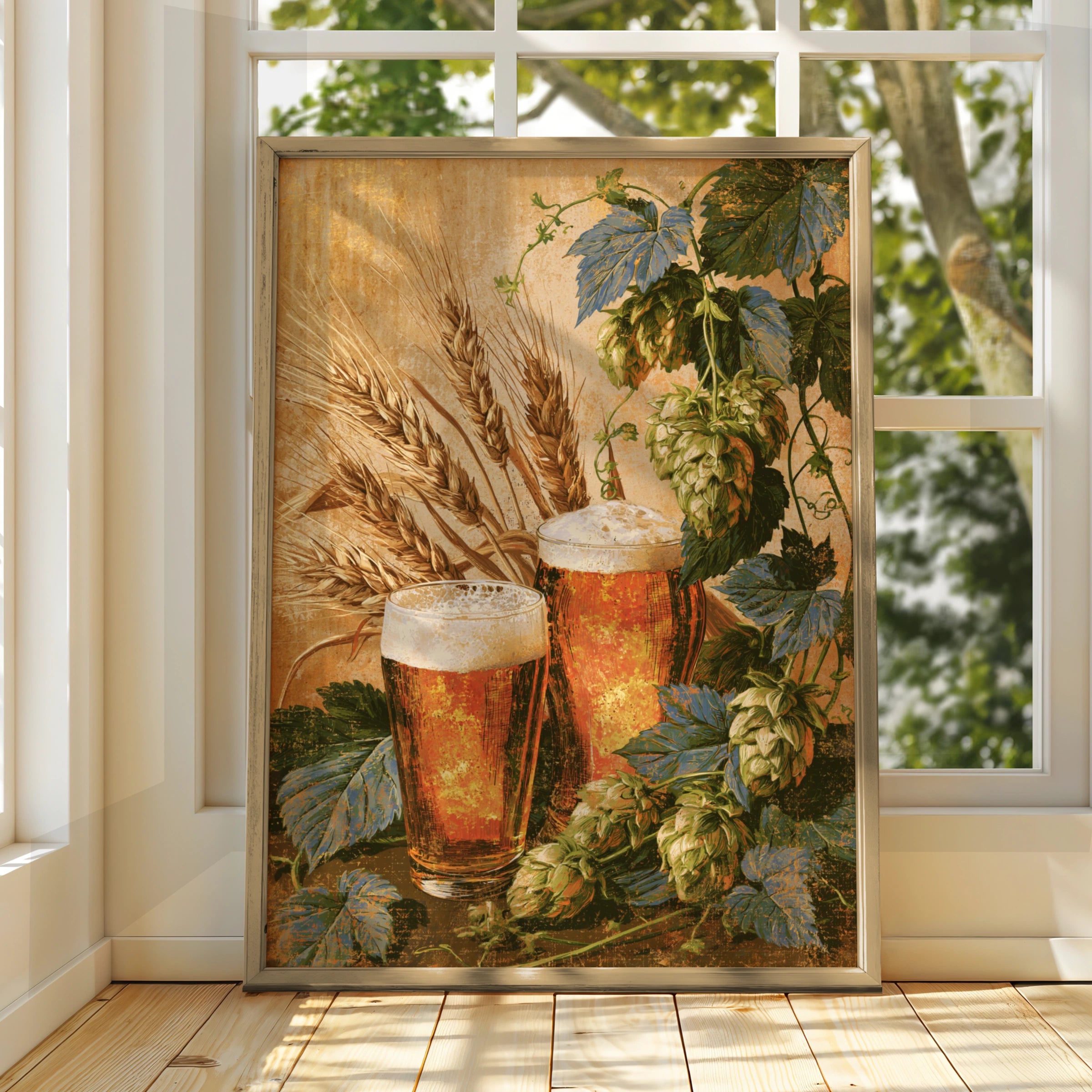 Beer Hops & Wheat Still Life Poster, Vintage Brewery Wall Art Print