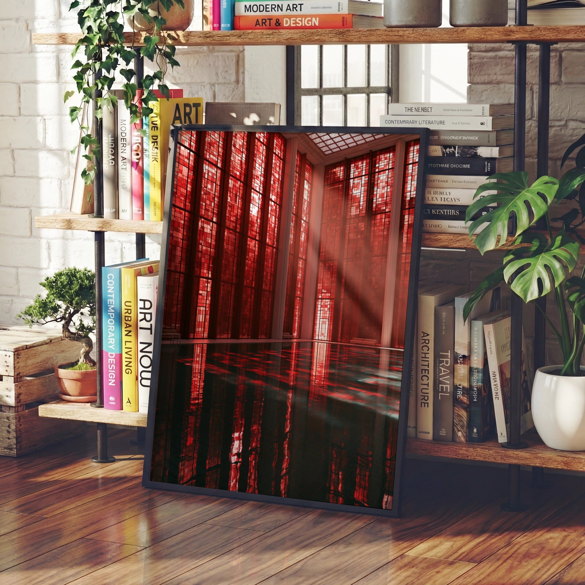 Red Baths Indoor Pool Poster, Art Deco Architecture Print, Dramatic Red Interior