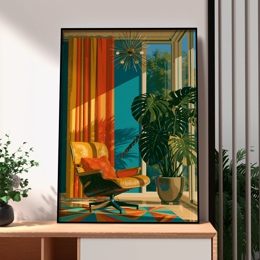Mid Century Modern Living Room Poster, Retro Lounge Chair, Monstera Plant Print