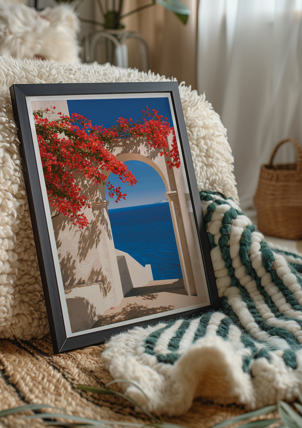 Mediterranean Arch Bougainvillea Poster, Coral Flowers Sea View Print