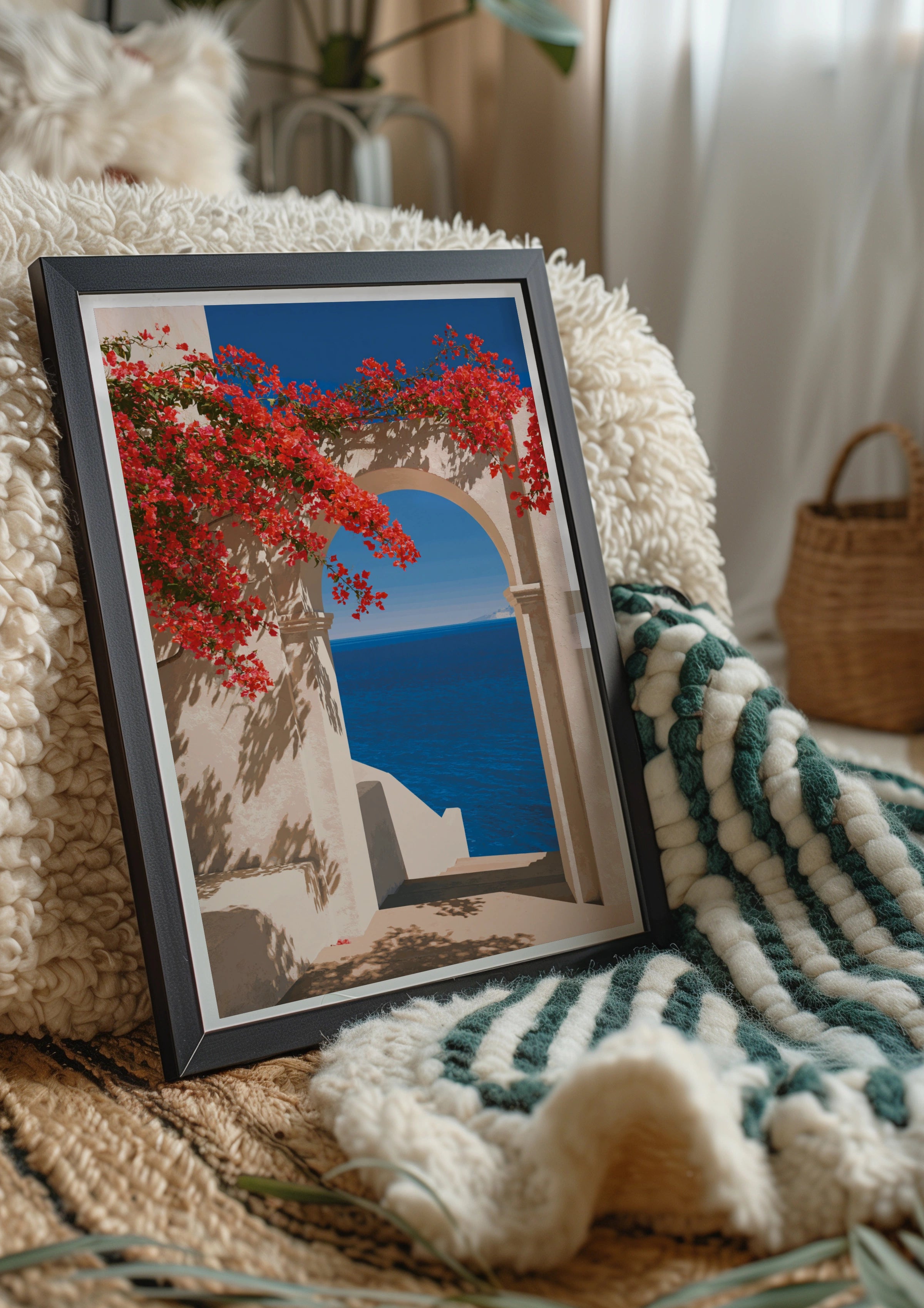 Mediterranean Arch Bougainvillea Poster, Coral Flowers Sea View Print