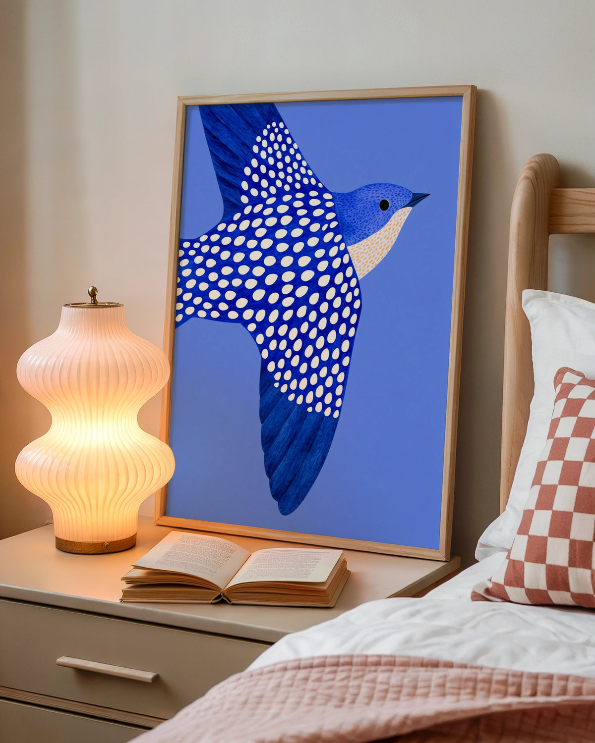 Blue Swallow in Flight Wall Art Poster, Dotted Bird Print, Bold Illustrated Style