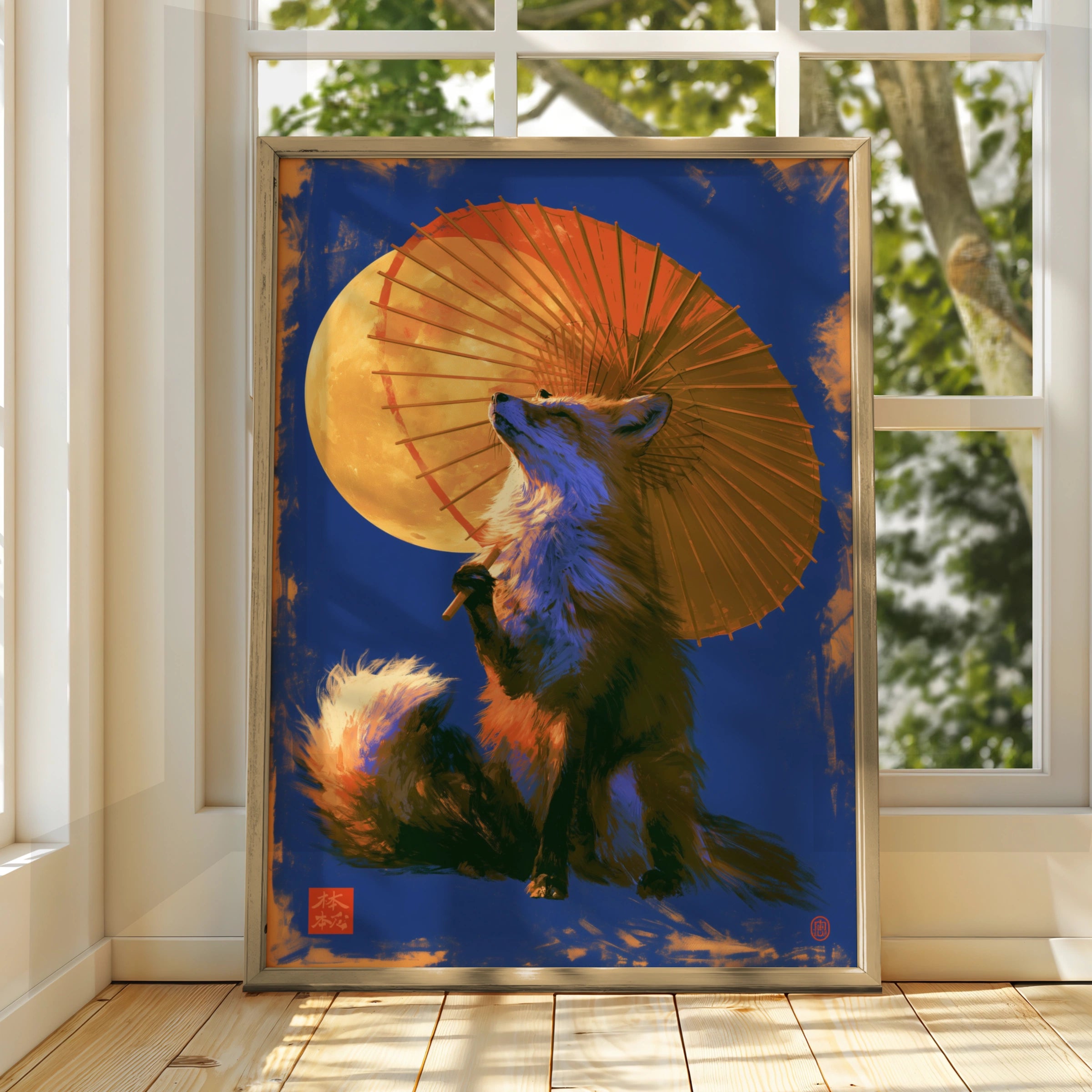 Japanese Fox Umbrella Moon Poster, Kitsune Art Print, Bold Blue Orange