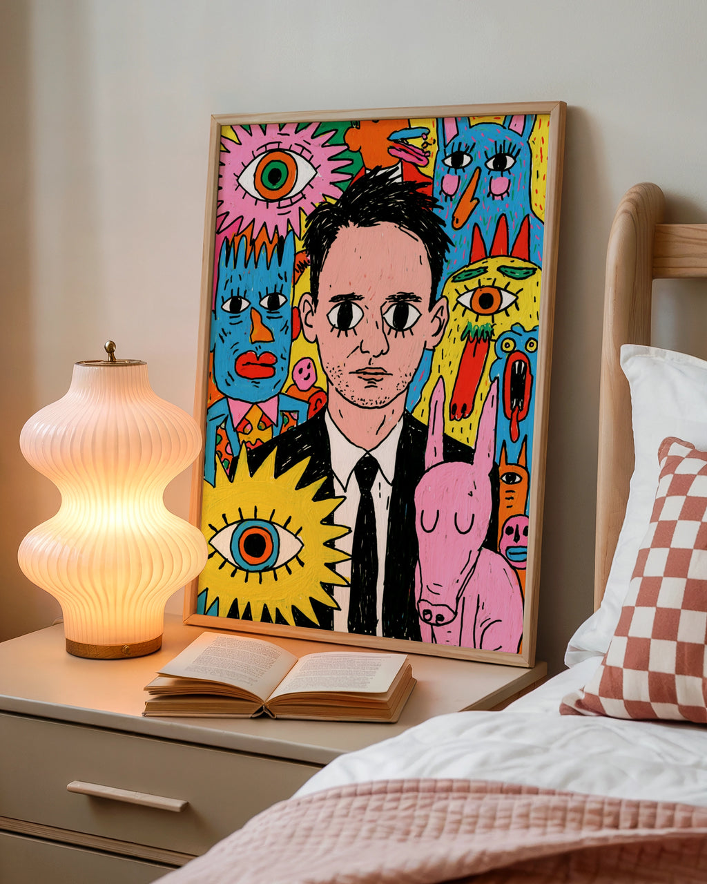 Psychedelic Portrait Drawing Poster, Surreal Monsters, Bold Colourful Wall Art