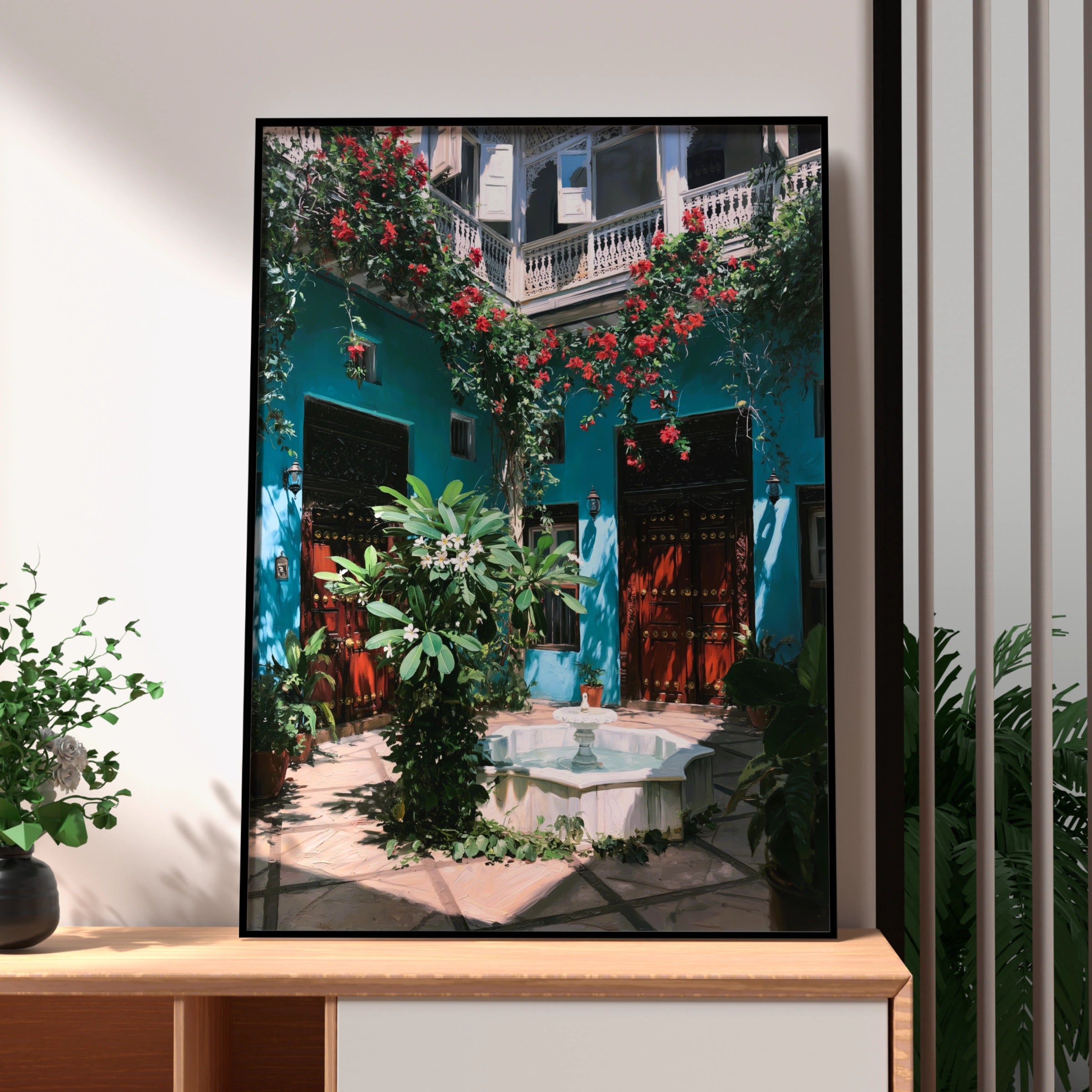 Zanzibar Courtyard Poster, Teal Riad Fountain Wall Art, Tropical Floral Print