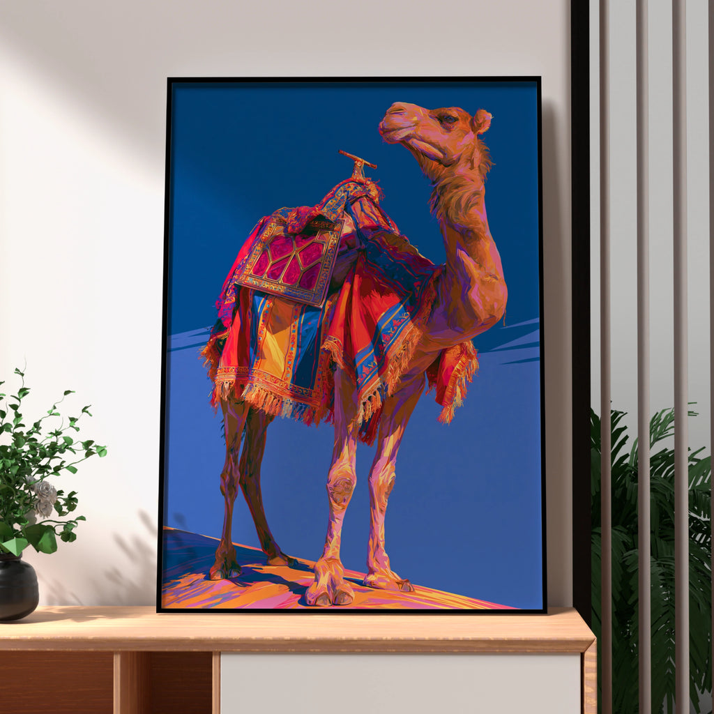Camel Wall Art Poster, Colourful Desert Animal Print, Bold Blue Pop Art Style