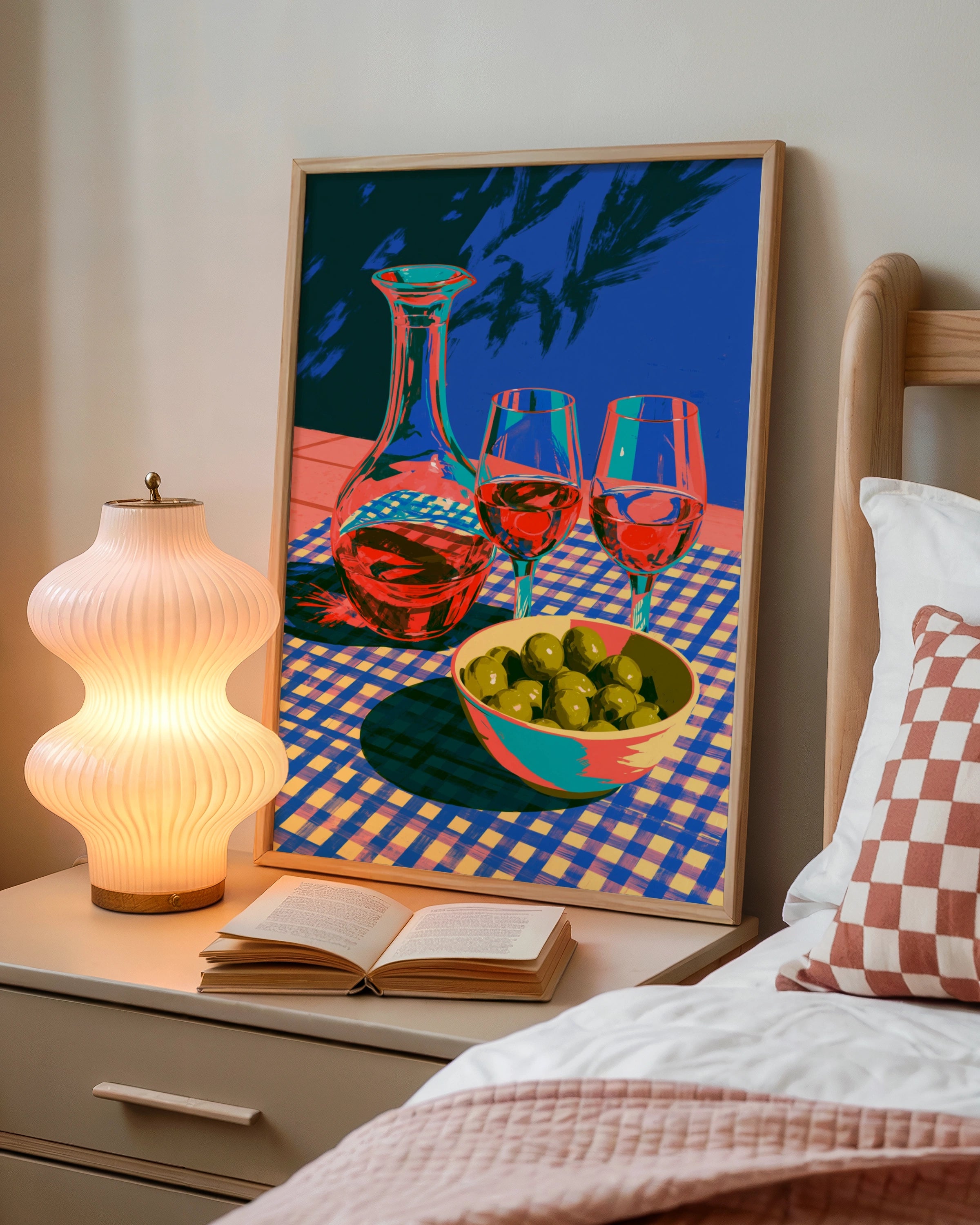 Wine & Olives Still Life Poster, Bold Colourful Mediterranean Wall Art