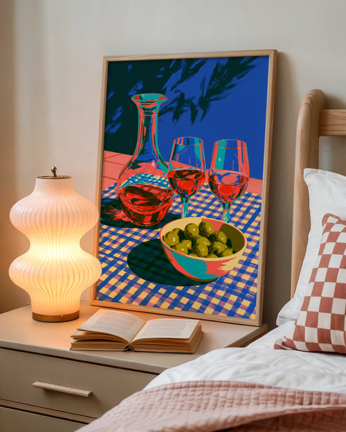 Wine & Olives Still Life Poster, Bold Colourful Mediterranean Wall Art