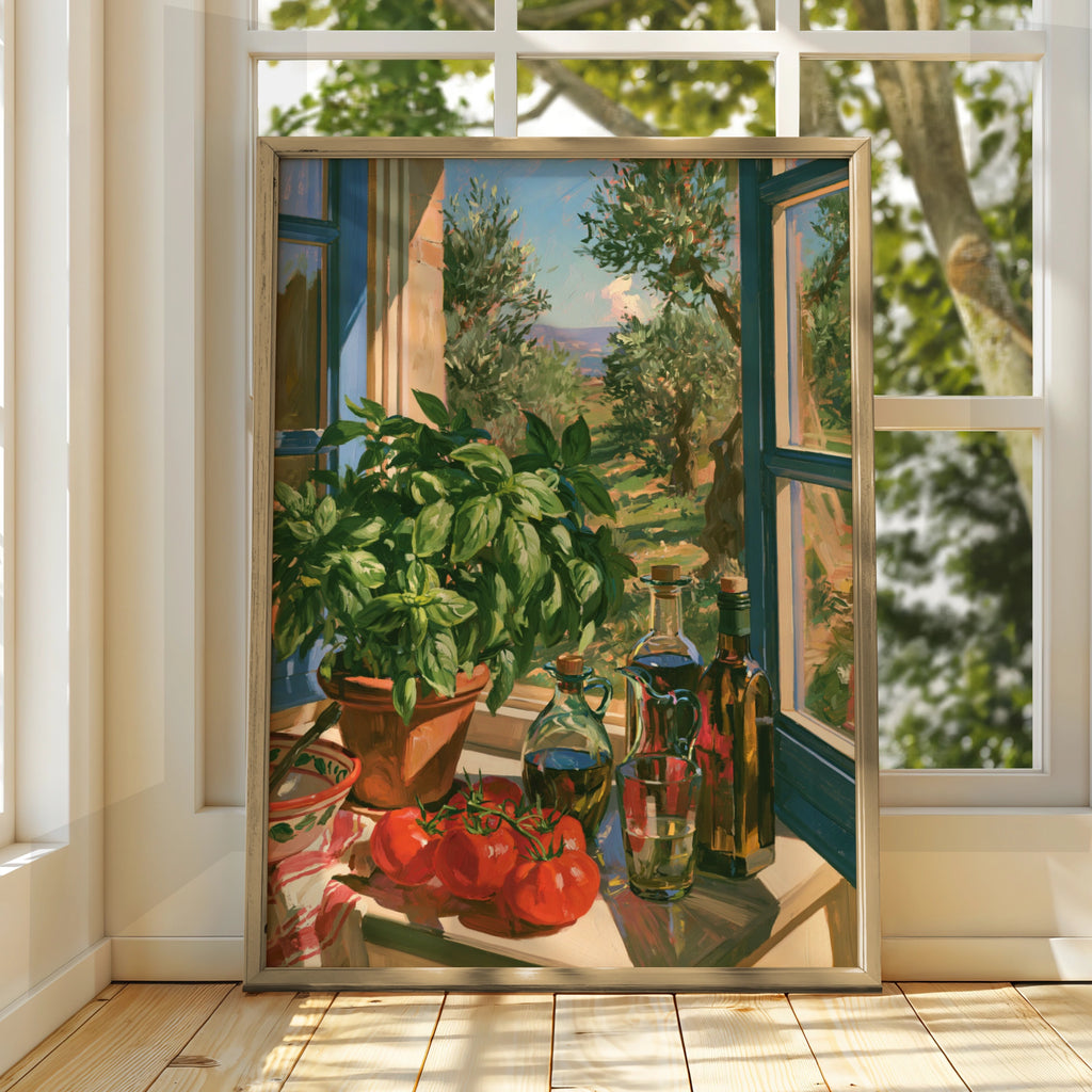 Italian Kitchen Window Poster, Tuscan Still Life, Olive Oil Basil Art Print