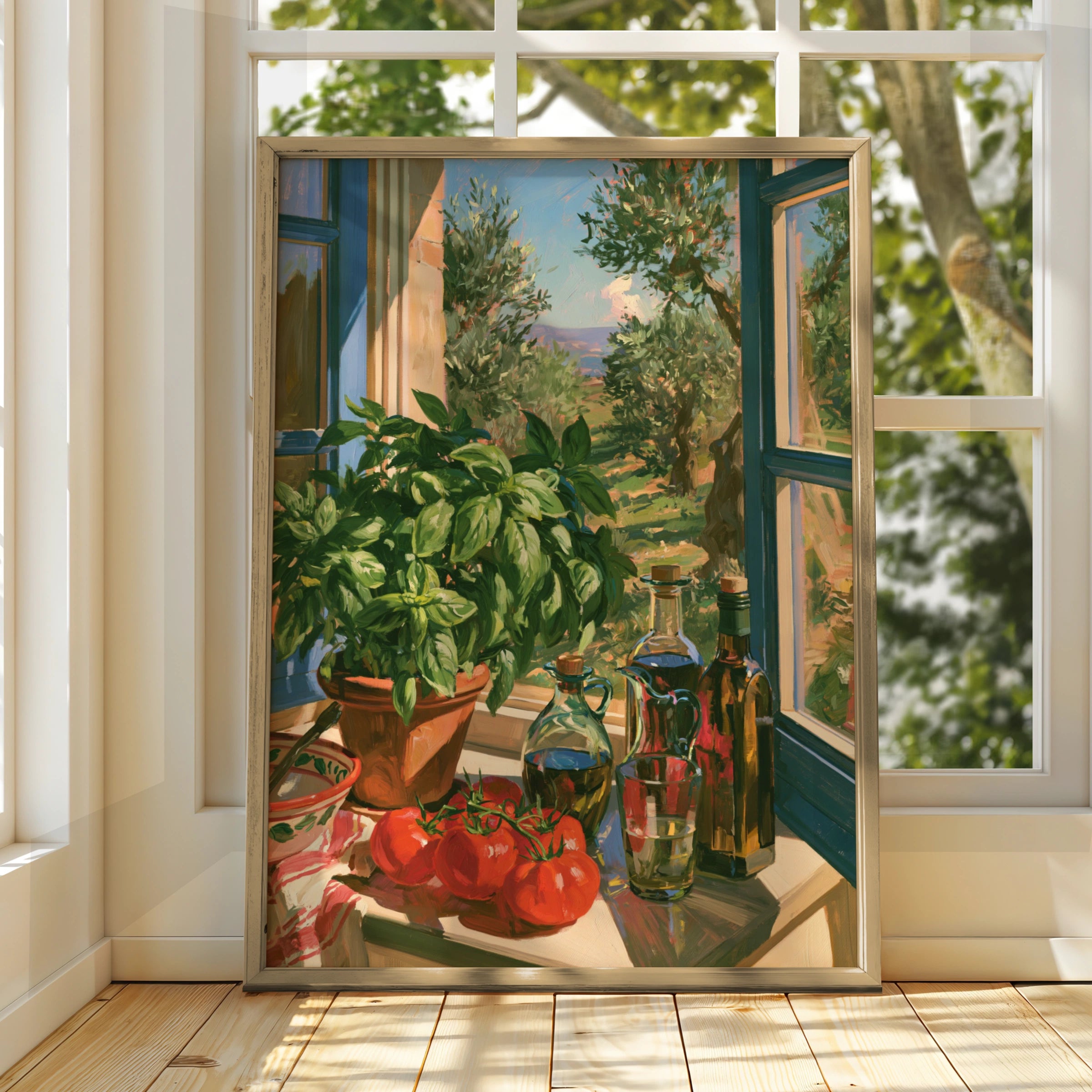 Italian Kitchen Window Poster, Tuscan Still Life, Olive Oil Basil Art Print