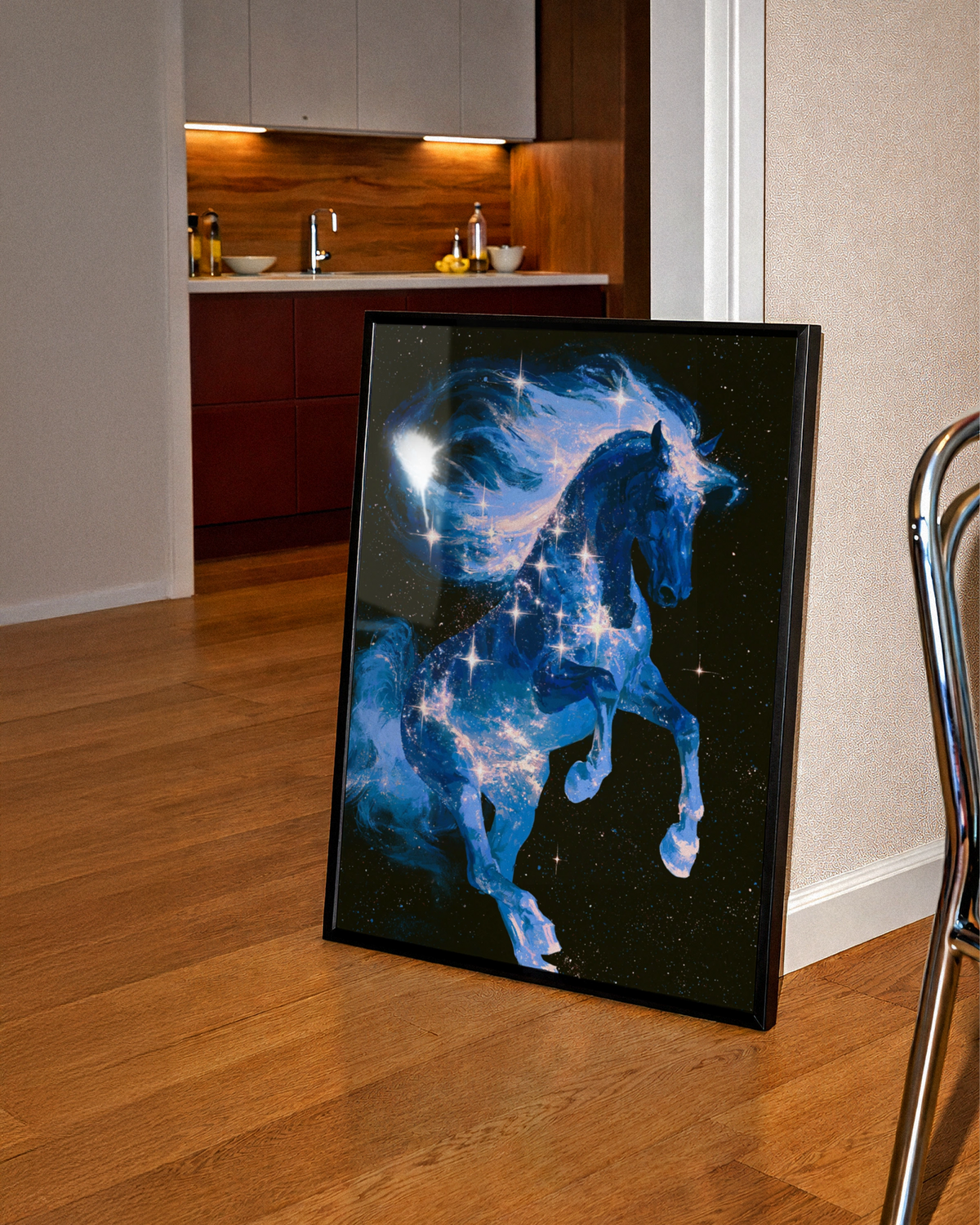 Celestial Horse Stars Poster, Galaxy Stallion Wall Art, Cosmic Blue Print