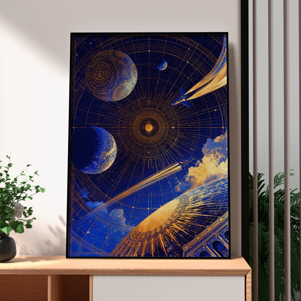Celestial Space Sky Poster, Blue Gold Galaxy Print, Cosmic Art