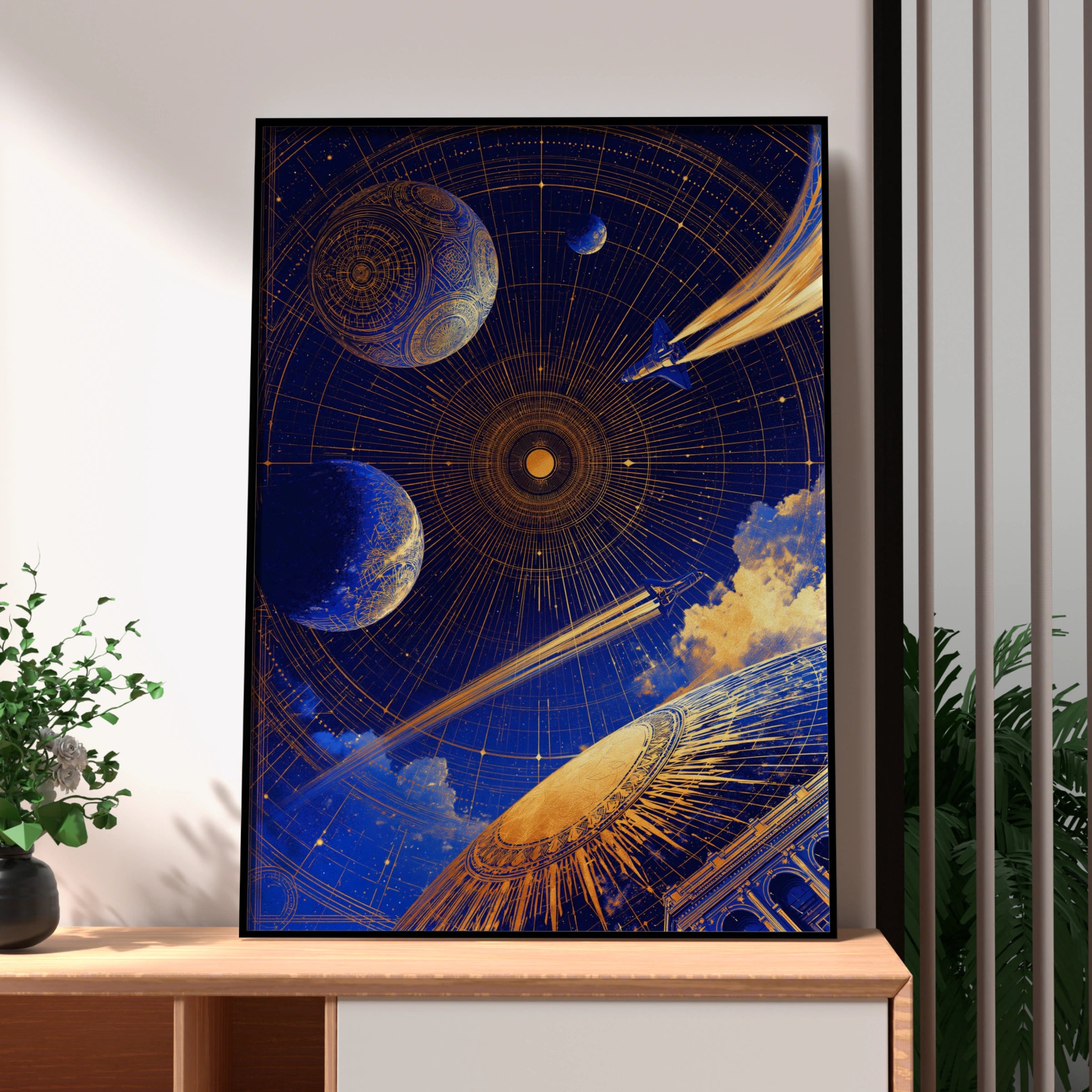 Celestial Space Sky Poster, Blue Gold Galaxy Print, Cosmic Art
