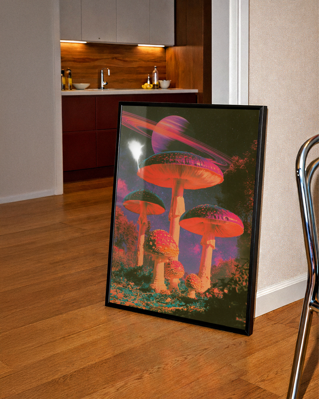 Surreal Mushroom Saturn Space Poster, Psychedelic Fungi Wall Art Print