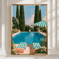 Pool Loungers Striped Umbrella Art Print, Mediterranean Summer Poster, Painted Style
