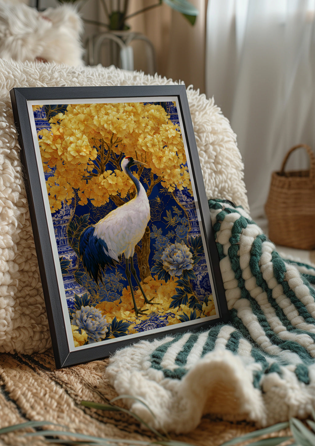 Chinoiserie Crane Gold Poster, Blue Navy Floral Wall Art, Oriental Bird Print