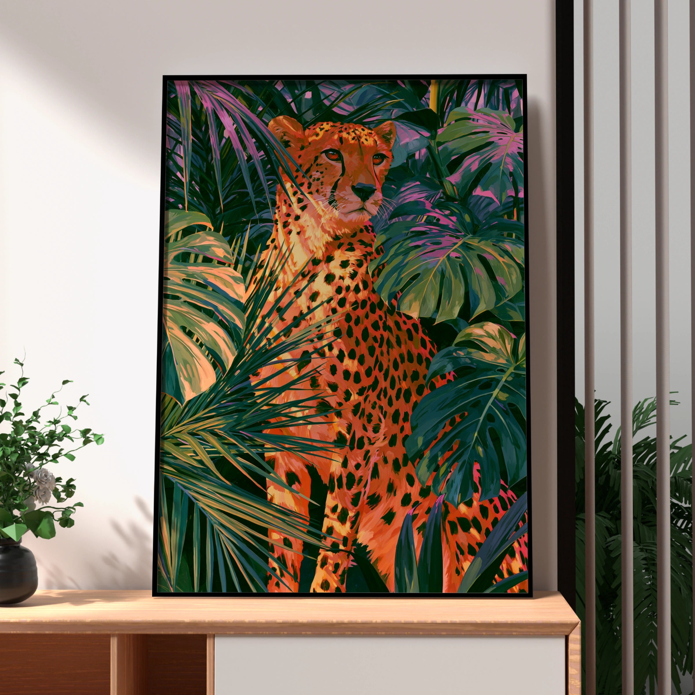 Cheetah Tropical Jungle Poster, Palm Monstera Leaves, Bold Colourful Wall Art