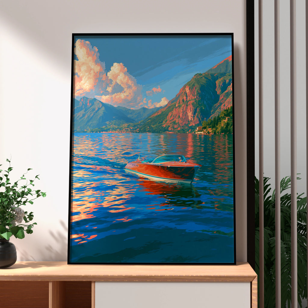 Speedboat Lake Como Poster, Italian Alps Wall Art, Retro Travel Print