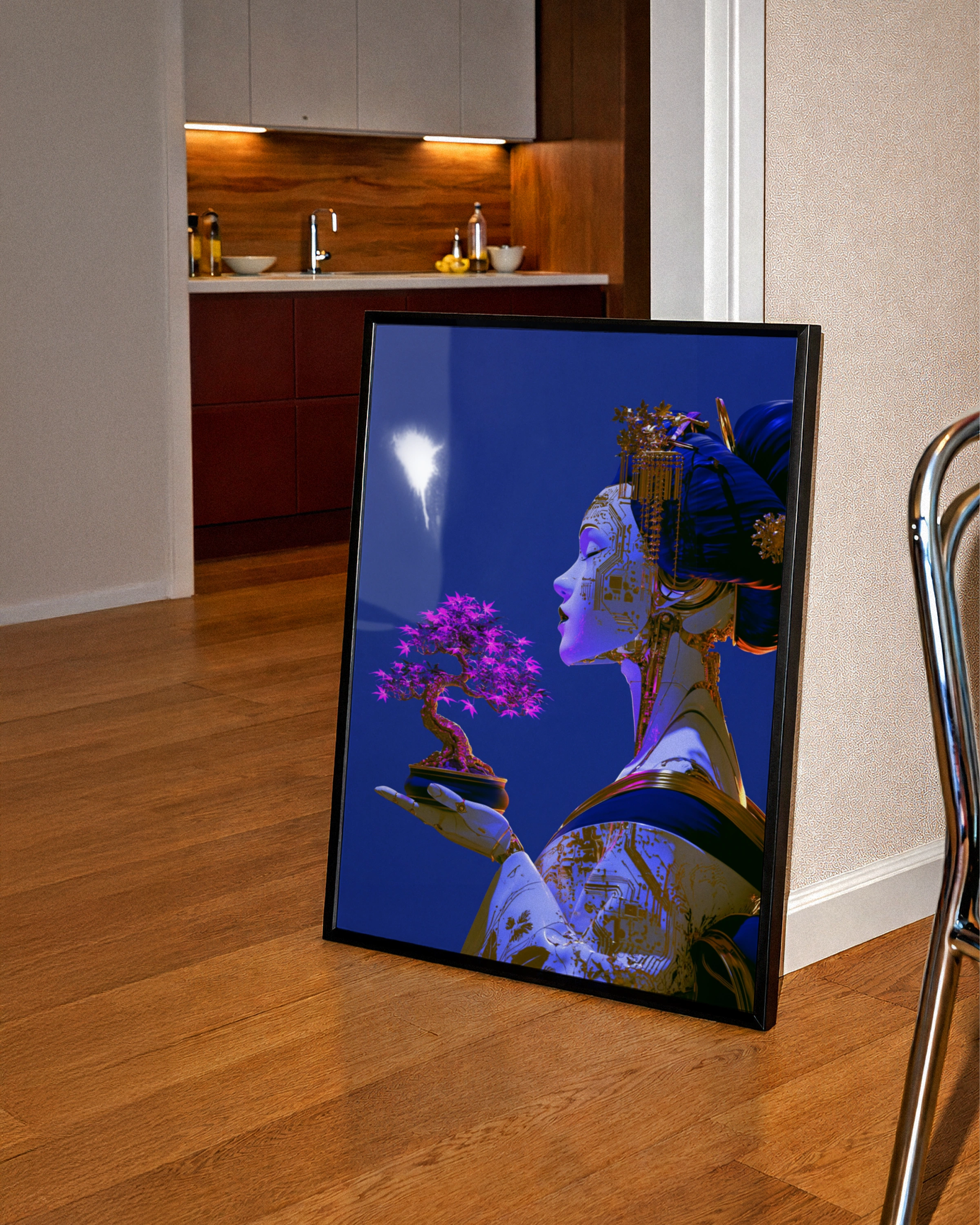 Cyber Geisha Bonsai Poster, Japanese Robot Art Print, Futuristic Blue Gold