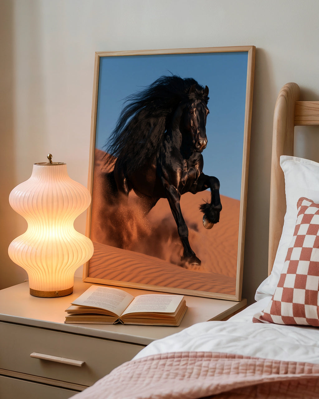 Black Friesian Horse Desert Sand Dunes Poster, Dramatic Equine Wall Art