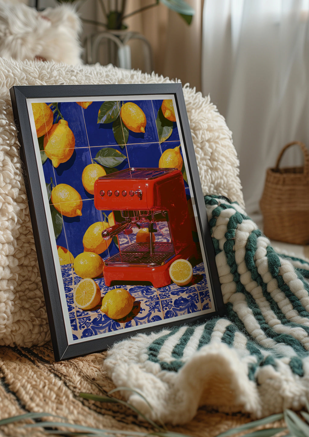 Red Espresso Machine Lemon Tiles Wall Art Poster, Mediterranean Kitchen Print